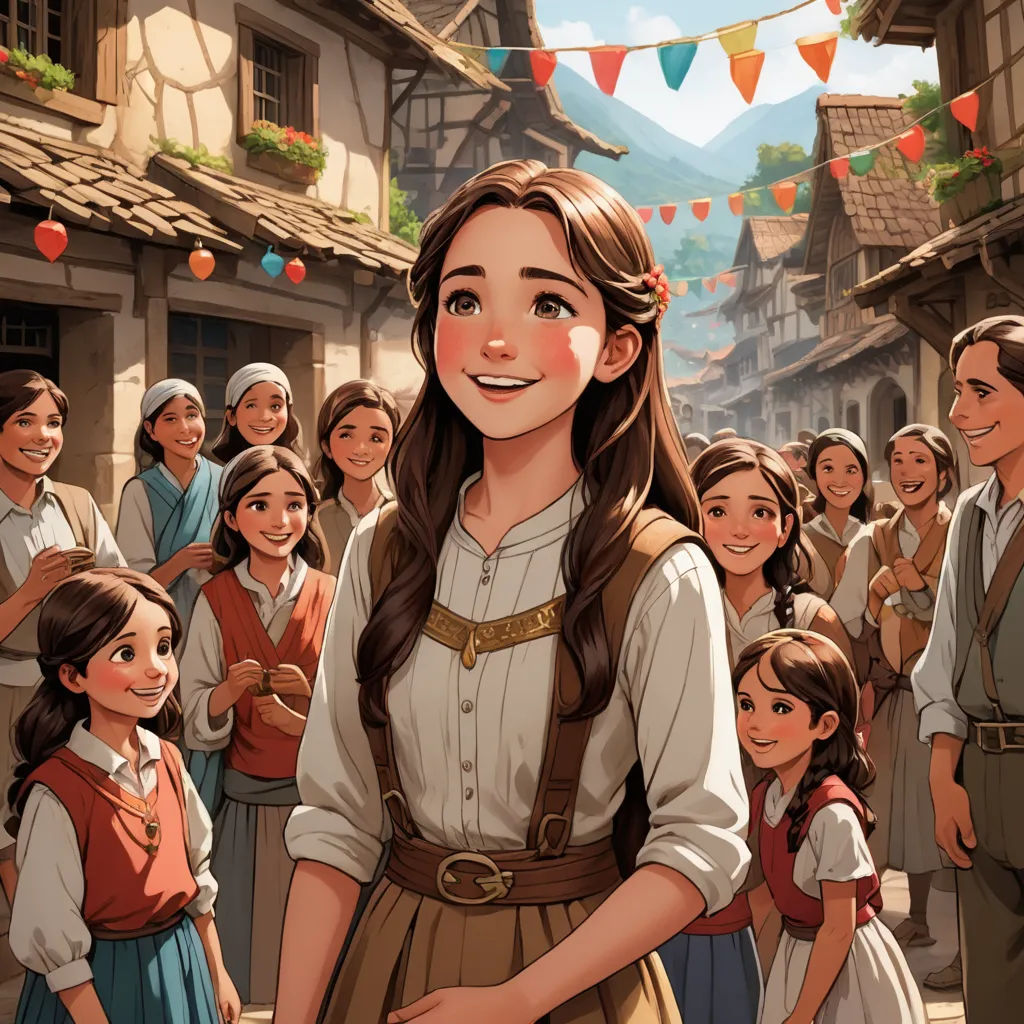 a cartoon of a girl in a village with a crowd of people behind her and a banner with buntings, renaissance, a storybook illustration, disney, kinkade