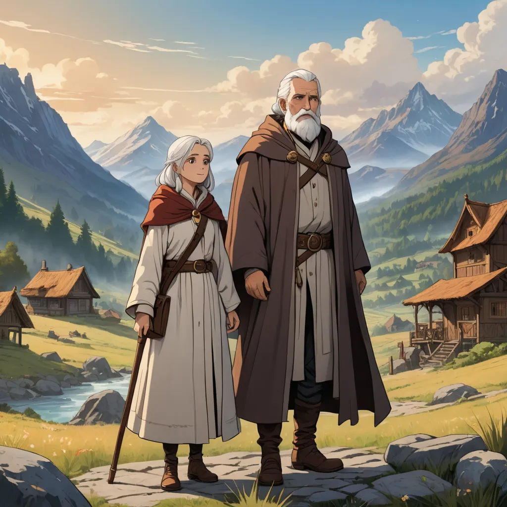 a man and woman standing next to each other in front of a mountain landscape with a river and a village, sots art, concept art, Christophe Vacher, official art