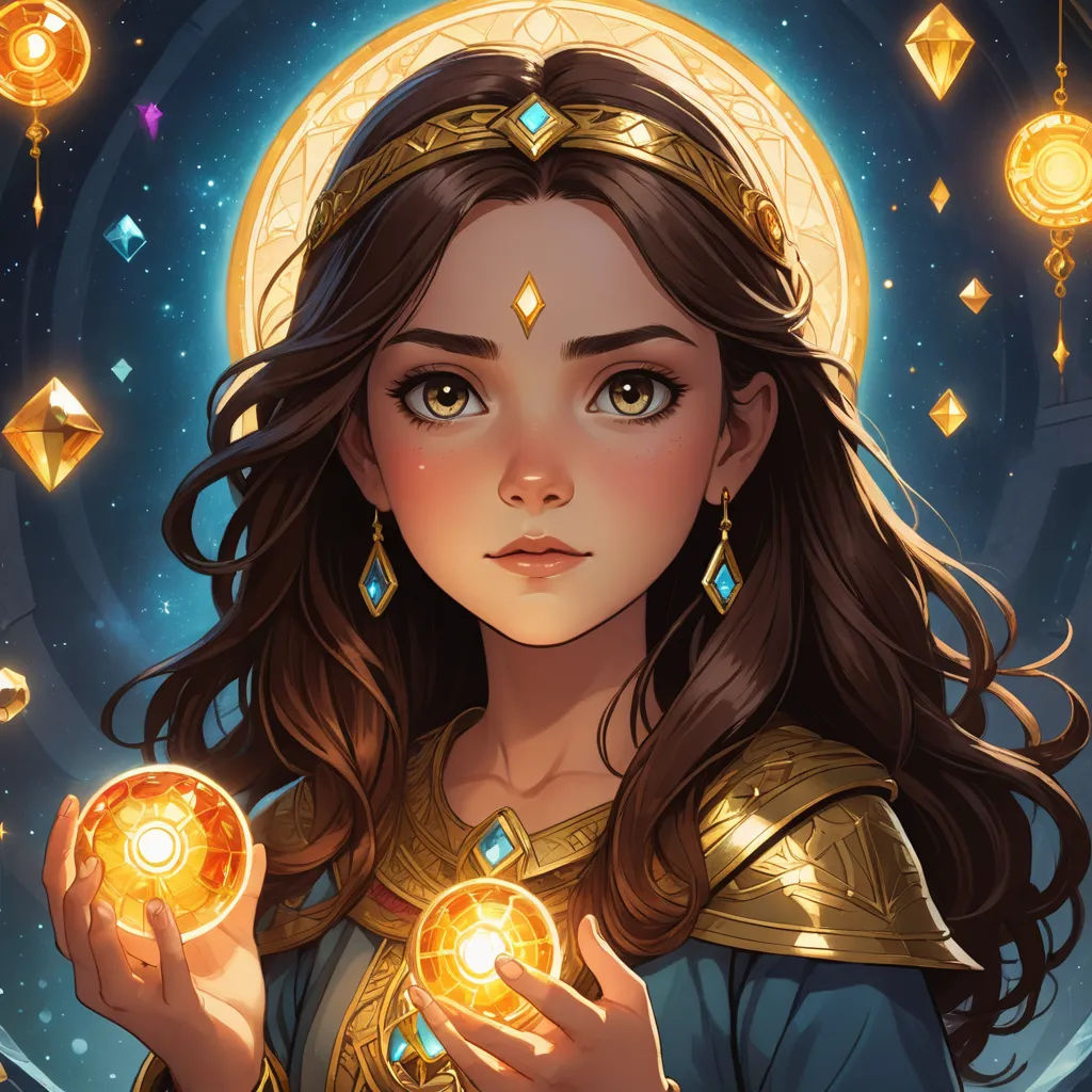 a girl in a golden outfit holding a golden orb in her hands with a blue background and a gold halo around her neck, fantasy art, a character portrait, Artgerm, rossdraws global illumination