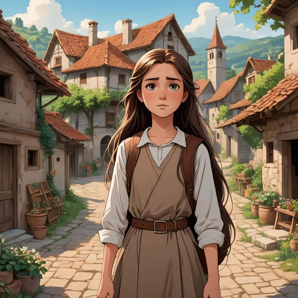 a girl in a brown dress is standing in front of a village with a clock tower and a brown bag, fantasy art, a storybook illustration, Clarice Beckett, kinkade
