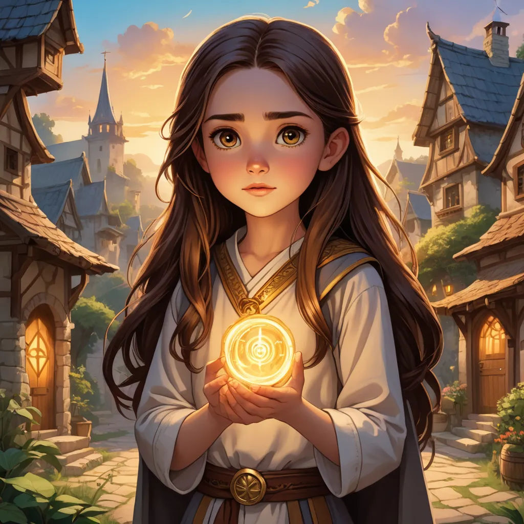 a girl holding a glowing orb in her hands in front of a castle like setting with a sunset in the background, fantasy art, a storybook illustration, Cliff Childs, rossdraws global illumination
