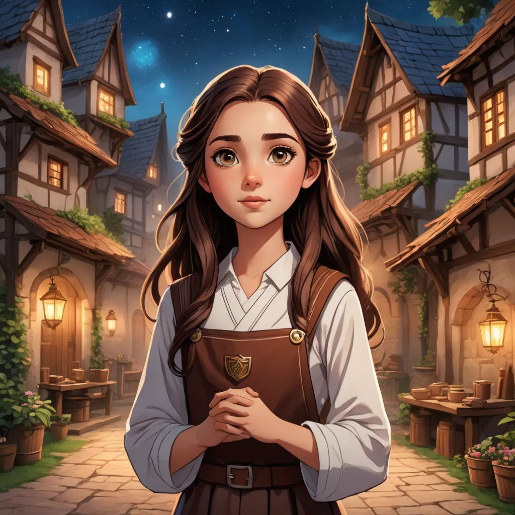a girl in a brown apron standing in front of a house with a star in the sky above her, fantasy art, a character portrait, Anne Said, kinkade