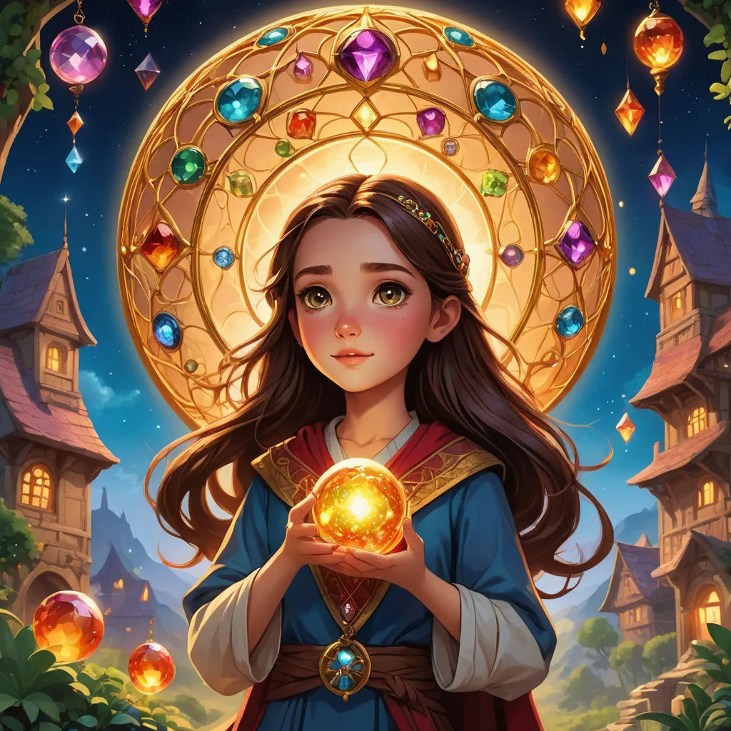 a girl holding a crystal ball in her hands with a full moon behind her and a castle in the background, fantasy art, a storybook illustration, Alice Prin, fantasy illustration