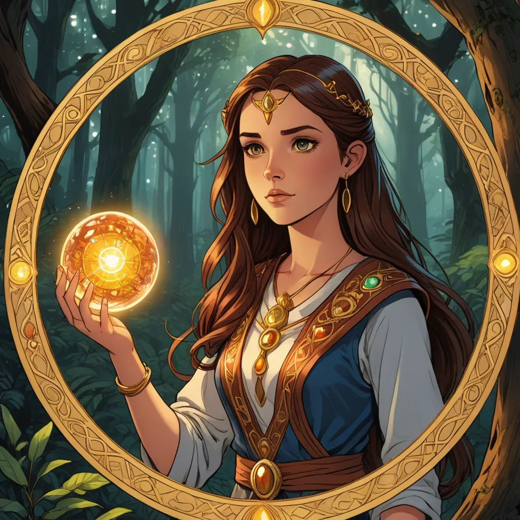 a woman holding a golden orb in a forest with trees and leaves around her, in a golden frame, fantasy art, a character portrait, Charlie Bowater, rossdraws global illumination