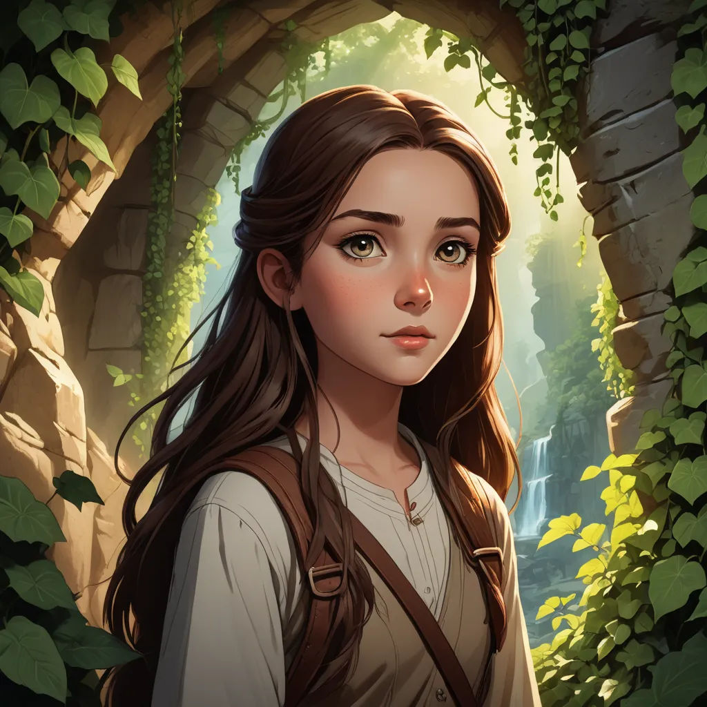 a girl with long hair and a backpack in a tunnel of leaves and ivys, looking into the distance, fantasy art, a character portrait, Charlie Bowater, rossdraws global illumination
