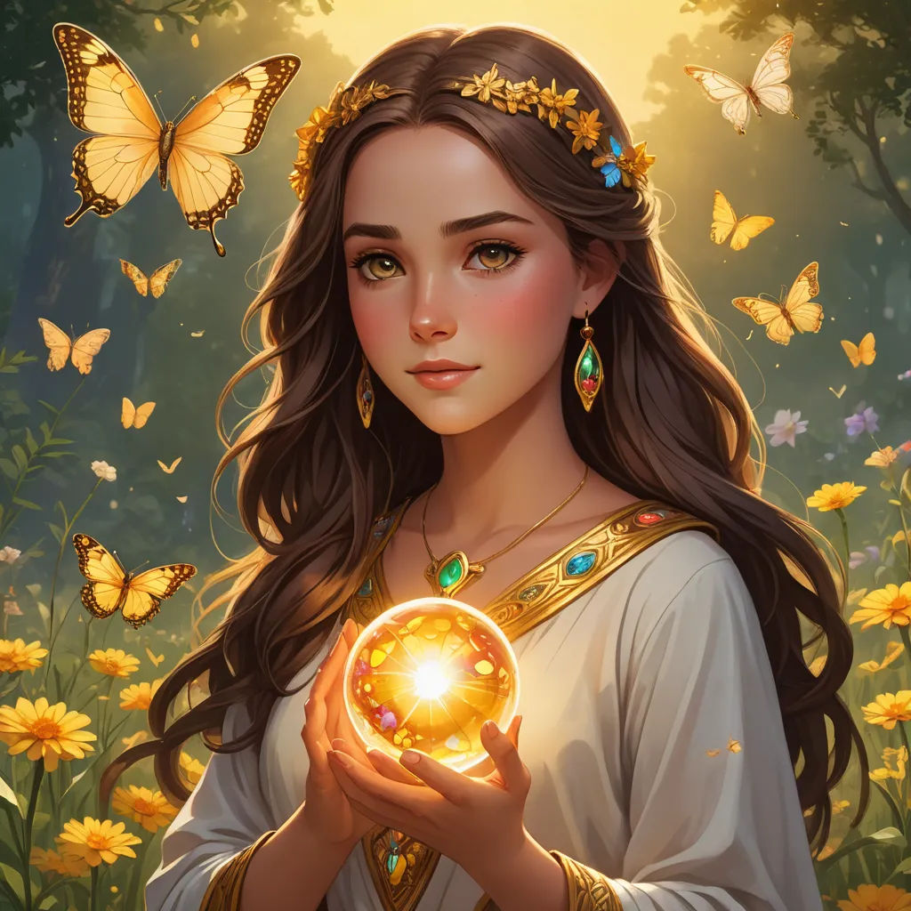 a beautiful young lady holding a golden ball in her hands with butterflies flying around her and a butterfly in her hand, fantasy art, a detailed painting, Anne Stokes, rossdraws global illumination