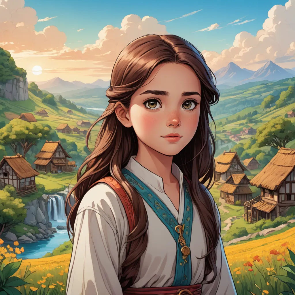 a girl in a dress standing in front of a mountain village with a waterfall and a waterfall house in the background, fantasy art, a character portrait, Evaline Ness, kinkade