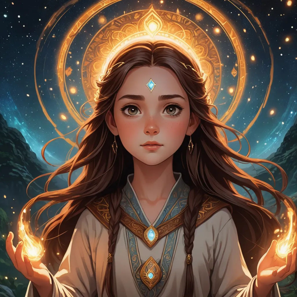 a girl with long hair and a halo around her head holding a glowing orb in her hands, with a mountain in the background, fantasy art, a detailed painting, Anna Dittmann, trending on art station