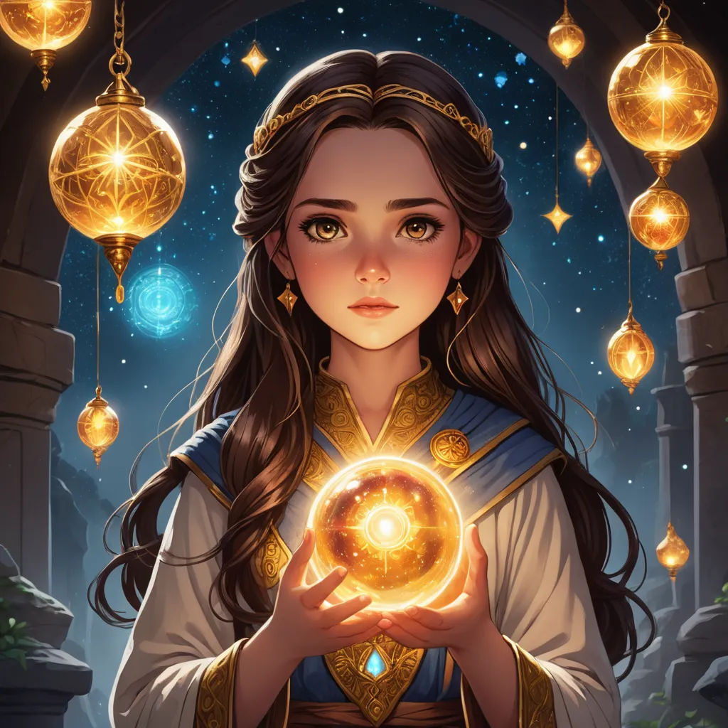 a girl holding a golden orb in her hands with a glowing orb in the background of the image and a star in the sky, fantasy art, a storybook illustration, Artgerm, rossdraws global illumination