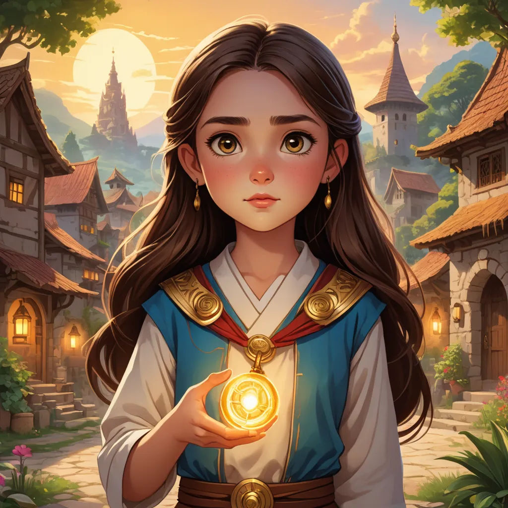 a girl in a dress holding a golden coin in her hand in front of a village with a clock tower, fantasy art, a storybook illustration, Artgerm, rossdraws global illumination