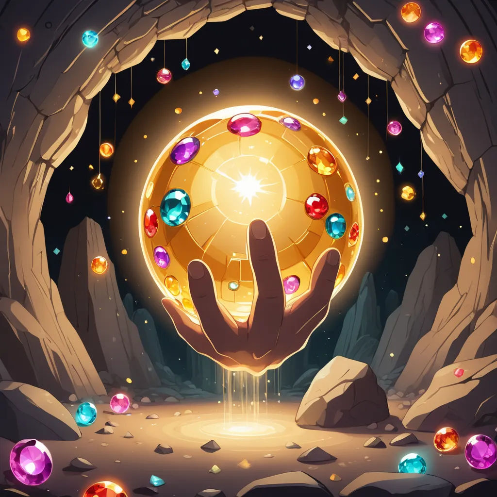 a hand holding a glowing ball in a cave with rocks and stones around it, with a light shining from the top, crystal cubism, concept art, Ejler Bille, 2 d game art