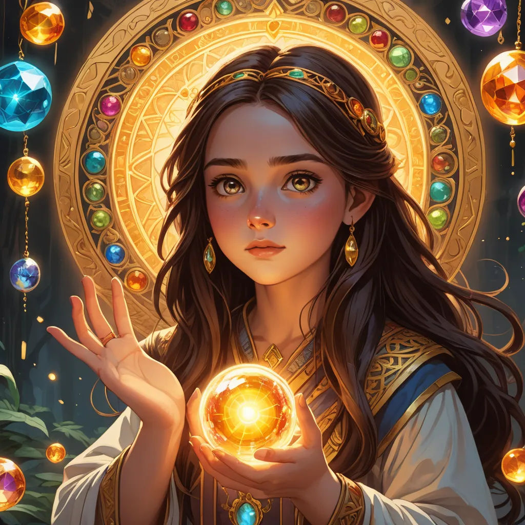 a woman holding a crystal ball in her hands with a golden ring around her neck and a golden circle around her neck, fantasy art, a detailed painting, Artgerm, rossdraws global illumination