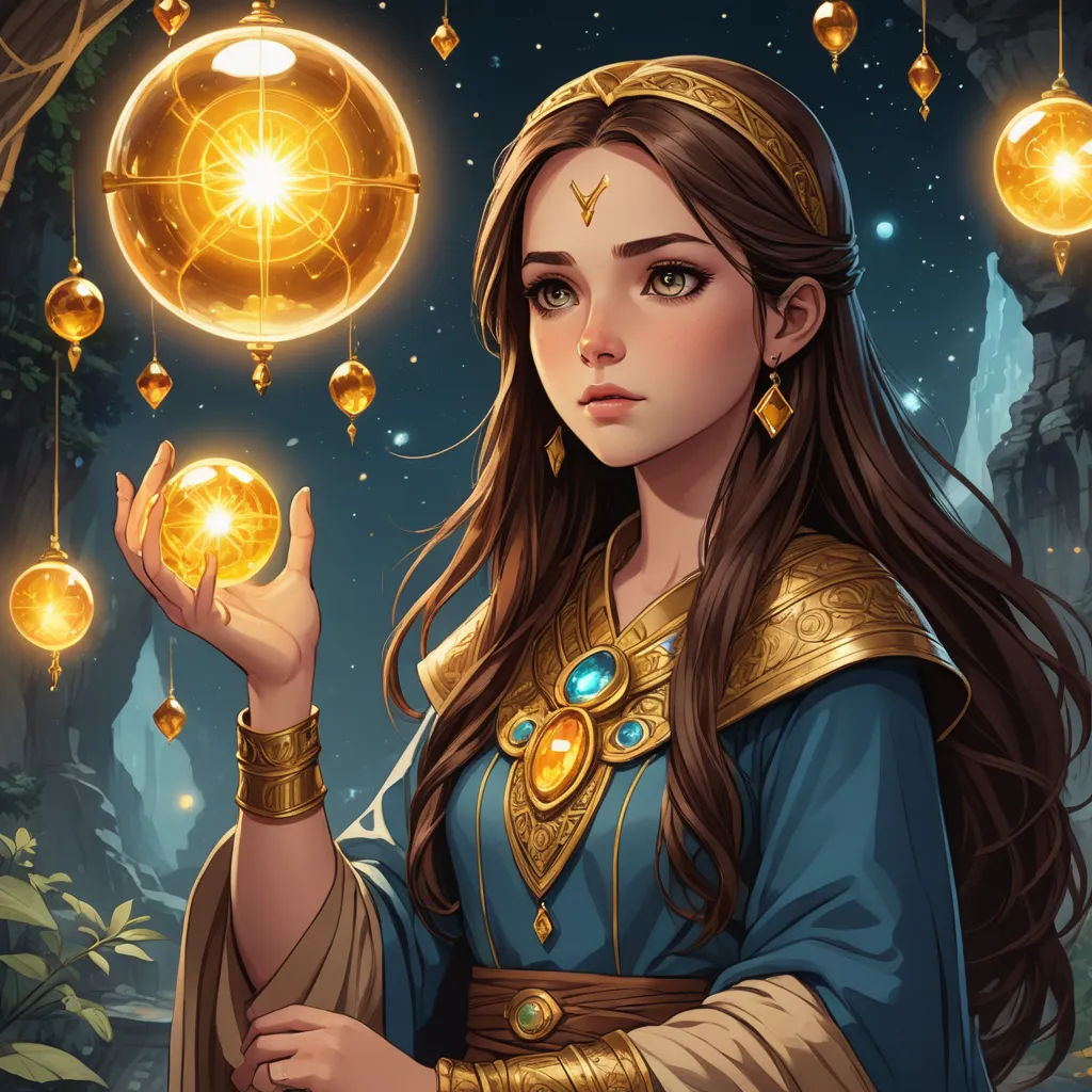 a woman in a blue dress holding a golden orb in her hand and a tree in the background with gold balls hanging from it, fantasy art, a storybook illustration, Artgerm, rossdraws global illumination