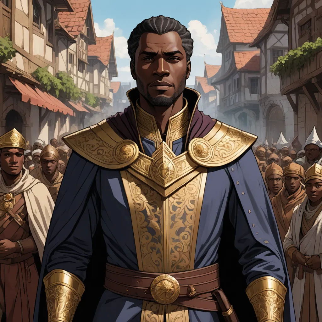 a man in a blue and gold outfit standing in front of a crowd of people in a village with buildings, fantasy art, a character portrait, Cedric Seaut (Keos Masons), mars ravelo and greg rutkowski