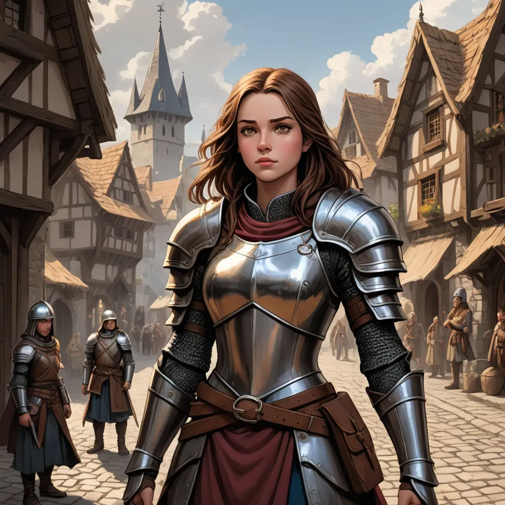 a woman in a medieval outfit standing in front of a group of people in a town square with a clock tower, fantasy art, a storybook illustration, Clint Cearley, epic fantasy character art