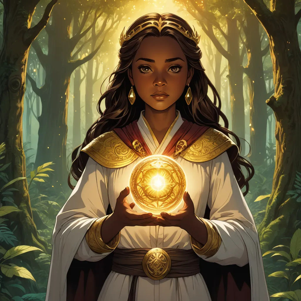 a woman holding a golden orb in a forest with trees in the background and a glowing orb in her hands, fantasy art, a character portrait, Charlie Bowater, magic the gathering artwork