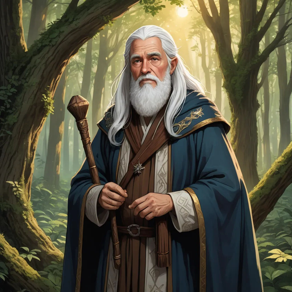 a painting of a man with a long white beard and a long white beard holding a staff in a forest, fantasy art, a character portrait, Christophe Vacher, epic fantasy character art