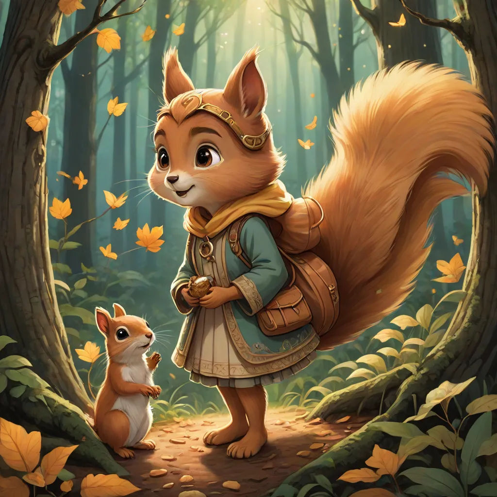 a squirrel and a squirrel in a forest with leaves on the ground and a girl in a dress with a backpack, furry art, a storybook illustration, Aaron Jasinski, official art