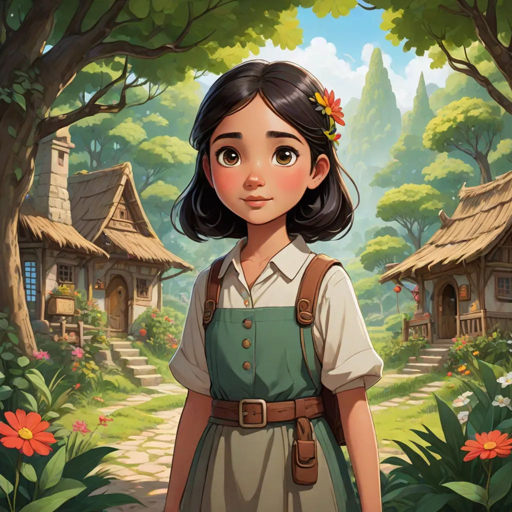 a girl in a green dress standing in front of a forest with a house on it and a flower in her hair, fantasy art, a character portrait, Alice Prin, character portrait