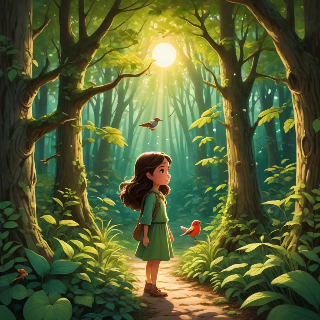 a girl in a green dress standing in a forest with a bird in her hand and a bird flying above her, fantasy art, a storybook illustration, Cyril Rolando, rossdraws global illumination