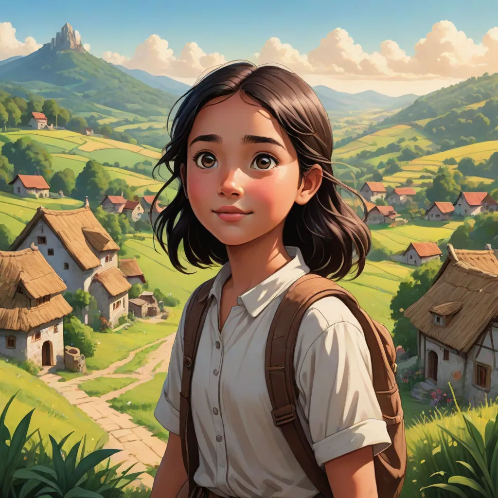 a painting of a girl standing in front of a village with a mountain in the background and a village with a few houses, fantasy art, a storybook illustration, Aaron Jasinski, official art