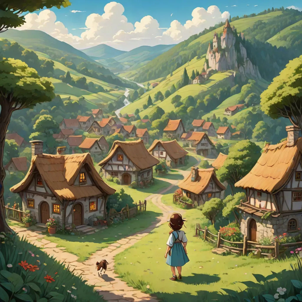 a little girl is walking towards a village with a dog in the foreground and a mountain in the background, fantasy art, a detailed matte painting, Andreas Rocha, kinkade