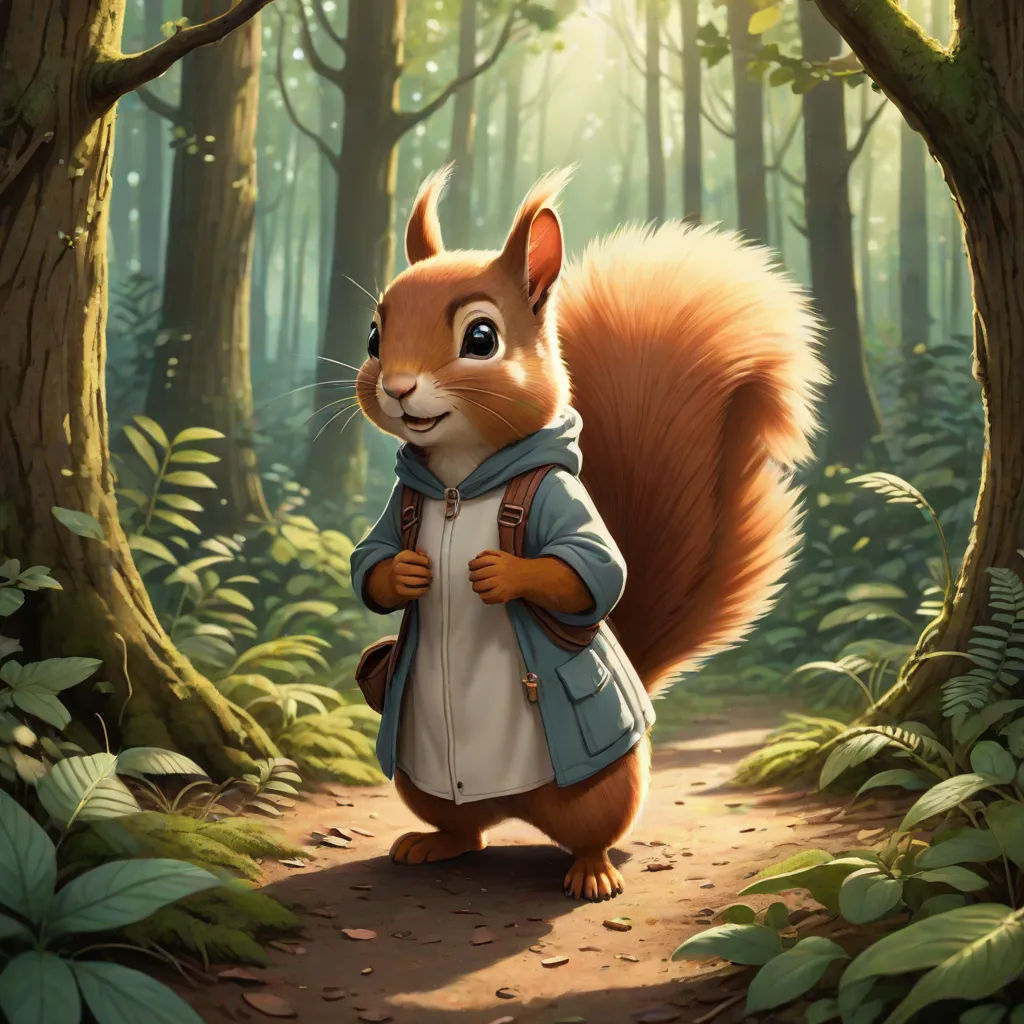 a squirrel in a forest with a jacket on and a backpack on his back, standing in the middle of a path, furry art, a character portrait, Chris LaBrooy, official art