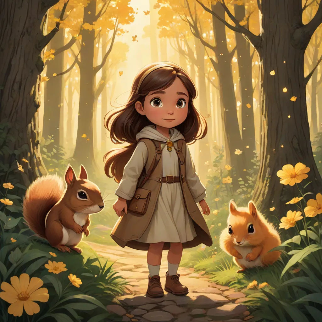 a little girl standing in the woods with two squirrels and a squirrel behind her, with a forest scene in the background, fantasy art, a storybook illustration, Clarice Beckett, official art