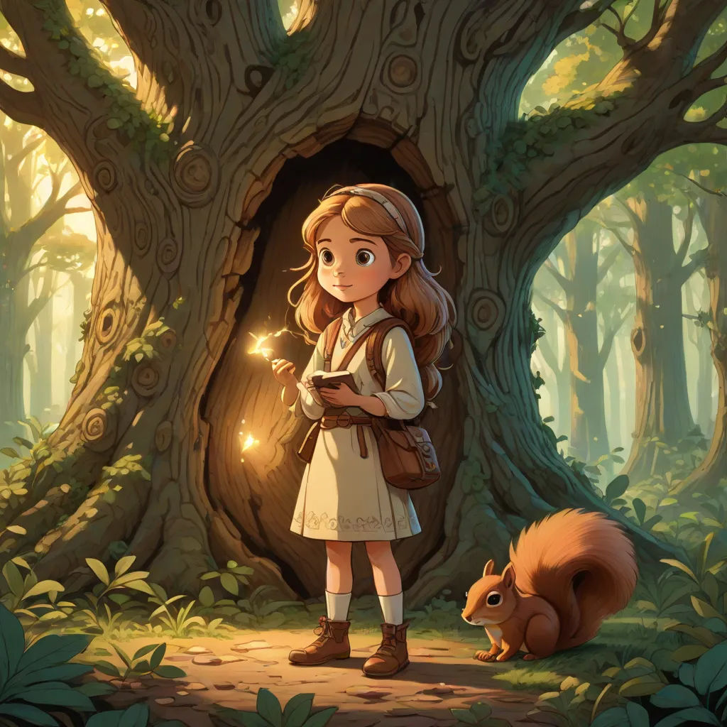 In the center of the clearing stood a giant oak tree, its bark covered in ancient carvings. As Maya approached, the tree began to glow, and a gentle voice echoed through the forest.