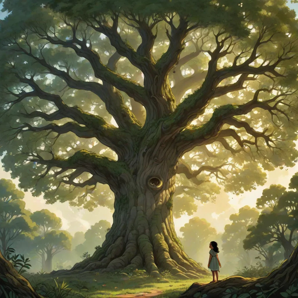 a painting of a girl standing in front of a tree with a hole in it's trunk and a light shining through the branches, fantasy art, a storybook illustration, Aaron Jasinski, promotional image
