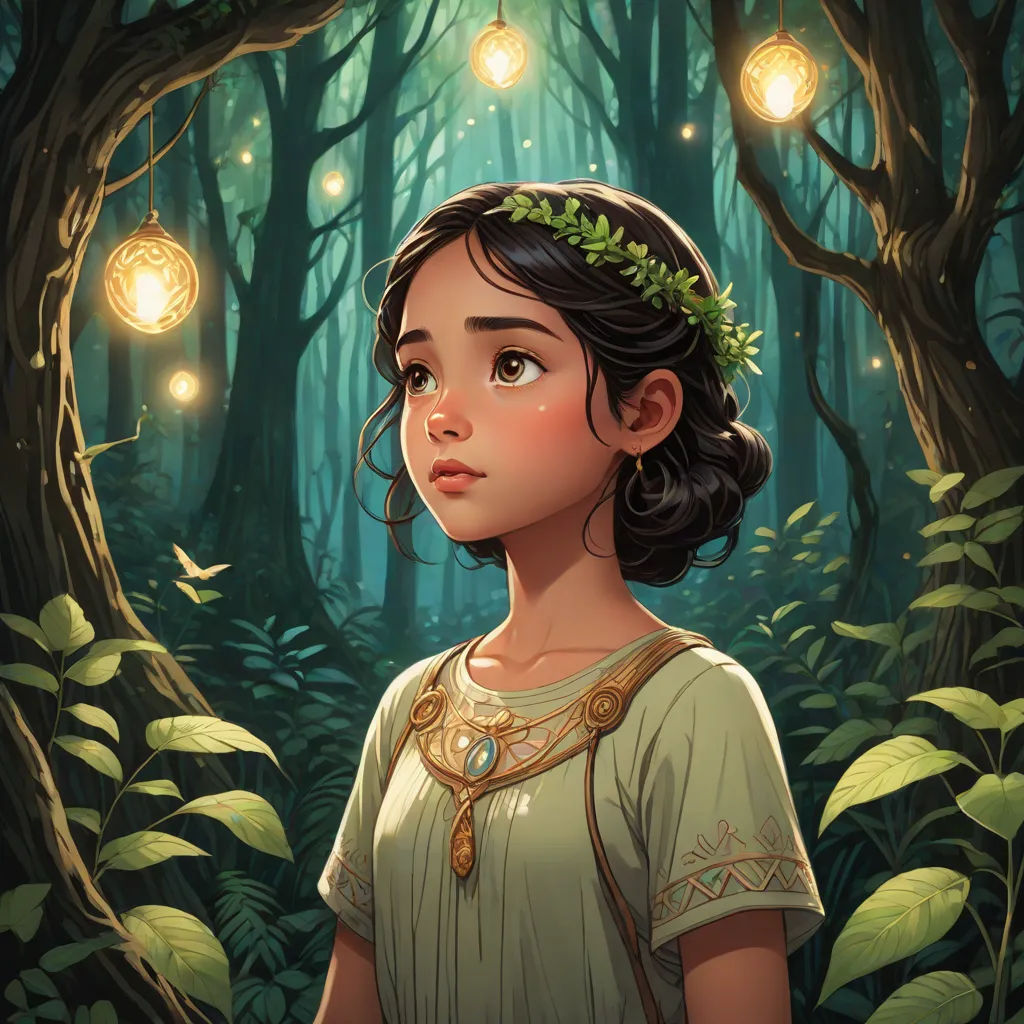 a girl in a forest with lights in her hair and a wreath around her neck, looking up at the sky, fantasy art, a storybook illustration, Clint Cearley, rossdraws global illumination