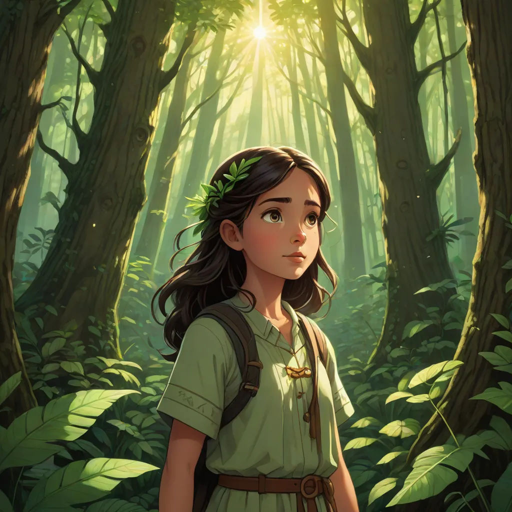 a girl in a forest with a backpack on her shoulder and a sunbeam in the background, with a forest scene in the foreground, fantasy art, a storybook illustration, Clint Cearley, rossdraws global illumination
