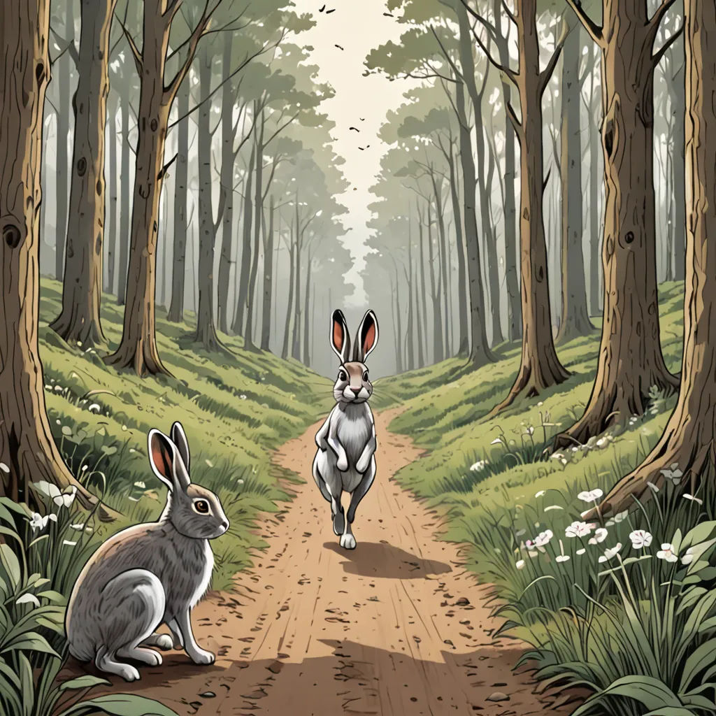 two rabbits are running down a dirt road in the woods, one is running away from the other one, magical realism, a storybook illustration, Dan Mumford, walton ford