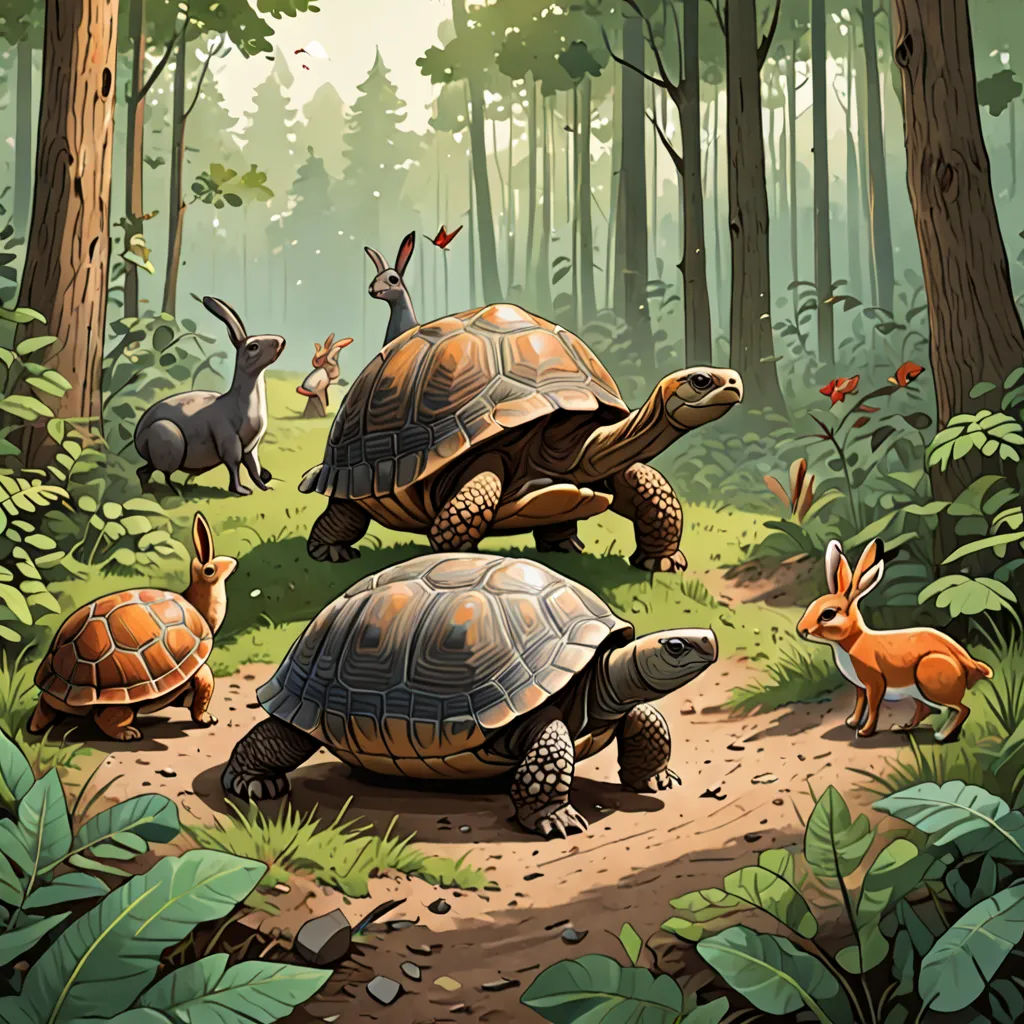 a painting of a group of animals in a forest with a turtle and a deer on the ground and a rabbit on the ground, fantasy art, a storybook illustration, Chris LaBrooy, storybook illustration