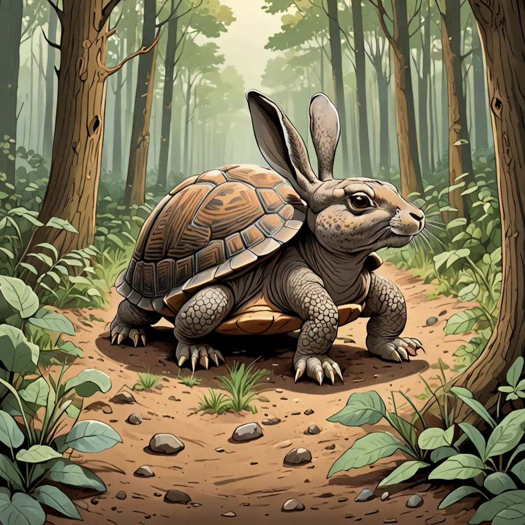 a turtle is sitting on a dirt path in the woods with trees and rocks around it, and a rabbit is standing on the ground, fantasy art, a storybook illustration, Chris LaBrooy, walton ford