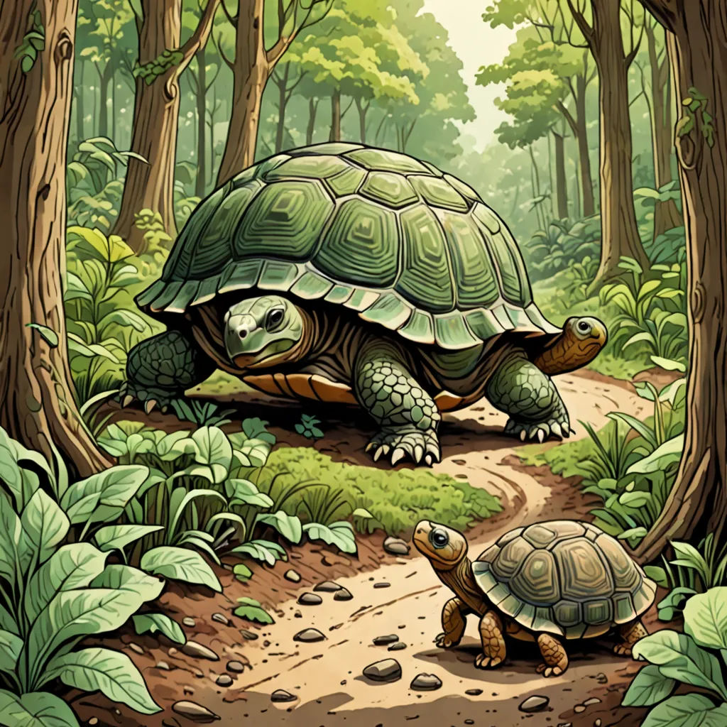 a painting of two turtles walking in the woods together, one is on the ground and the other is on the ground, fantasy art, a storybook illustration, Chris LaBrooy, storybook illustration