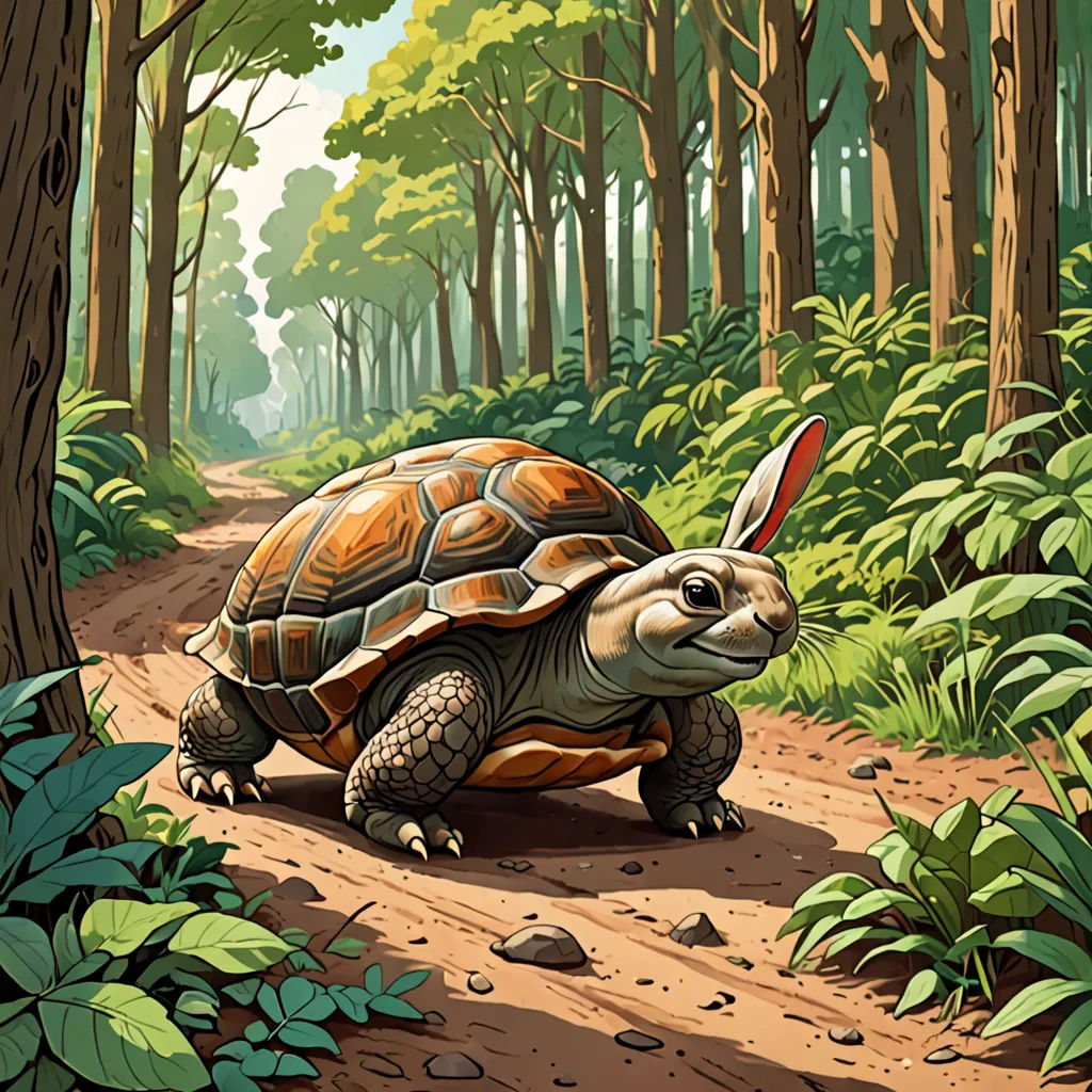 a turtle walking down a dirt road in a forest with trees and plants around it, with a rabbit on its back, furry art, a storybook illustration, Chris LaBrooy, storybook illustration