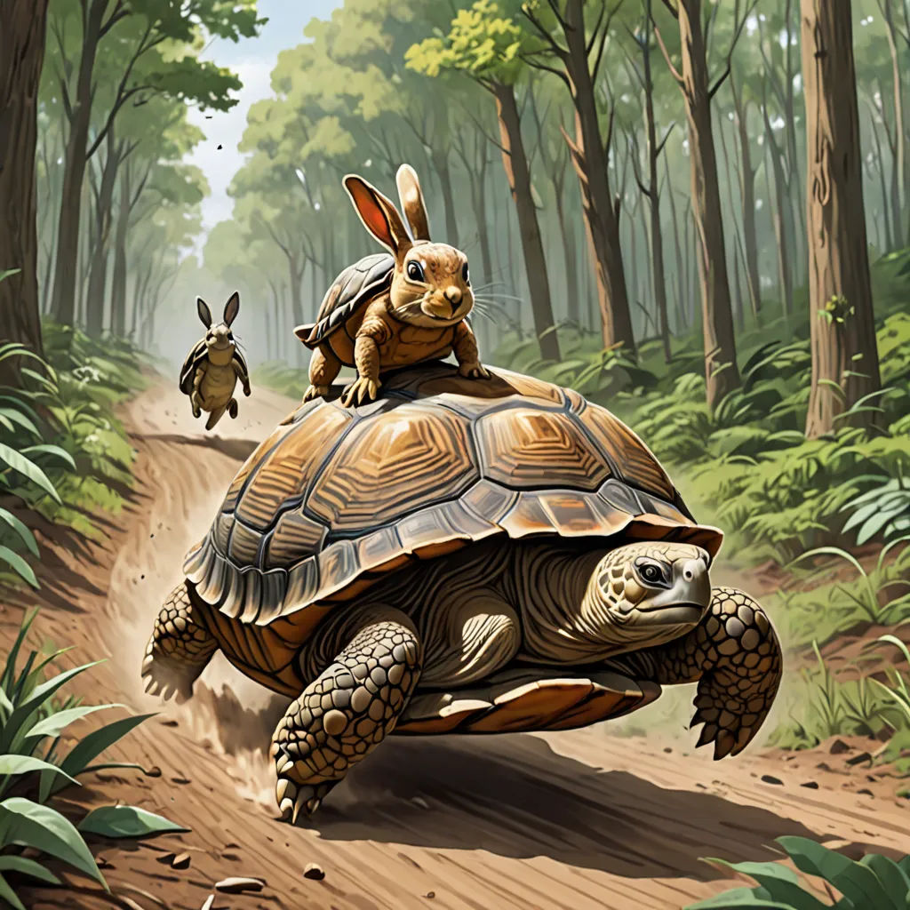 a rabbit riding on top of a turtle in the woods with a rabbit on its back, and a rabbit running behind it, fantasy art, a storybook illustration, Alex Horley, walton ford