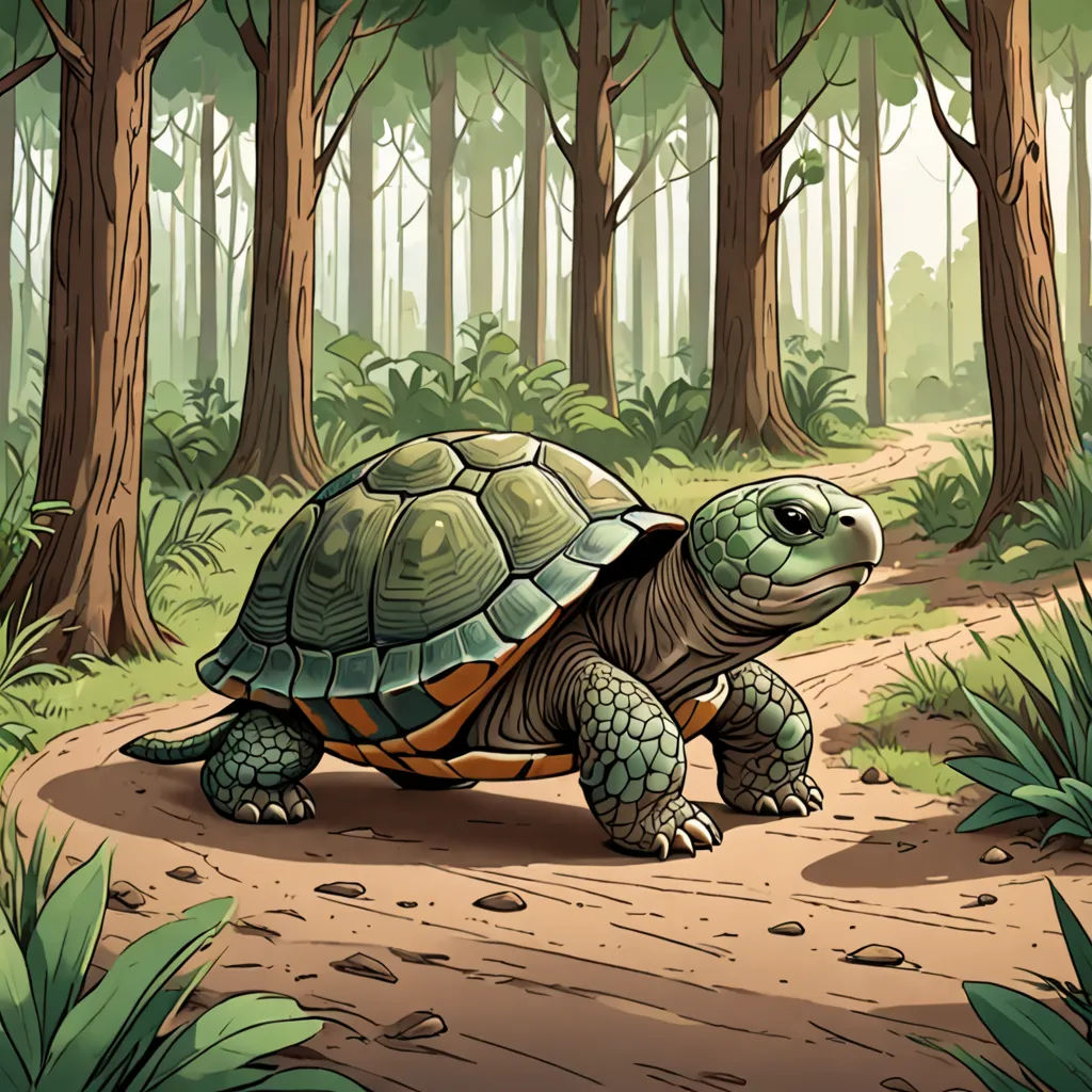 a turtle walking down a dirt path in a forest with trees and bushes on either side of it,, fantasy art, a storybook illustration, Dan Mumford, storybook illustration