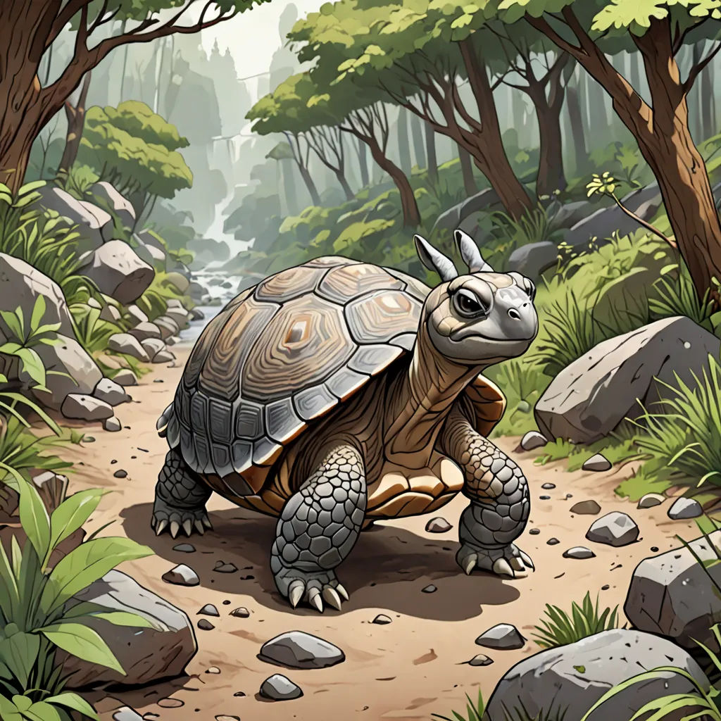 a cartoon turtle walking on a path in the woods with rocks and trees around it, with a stream running through the background, fantasy art, a storybook illustration, Clint Cearley, magic the gathering artwork