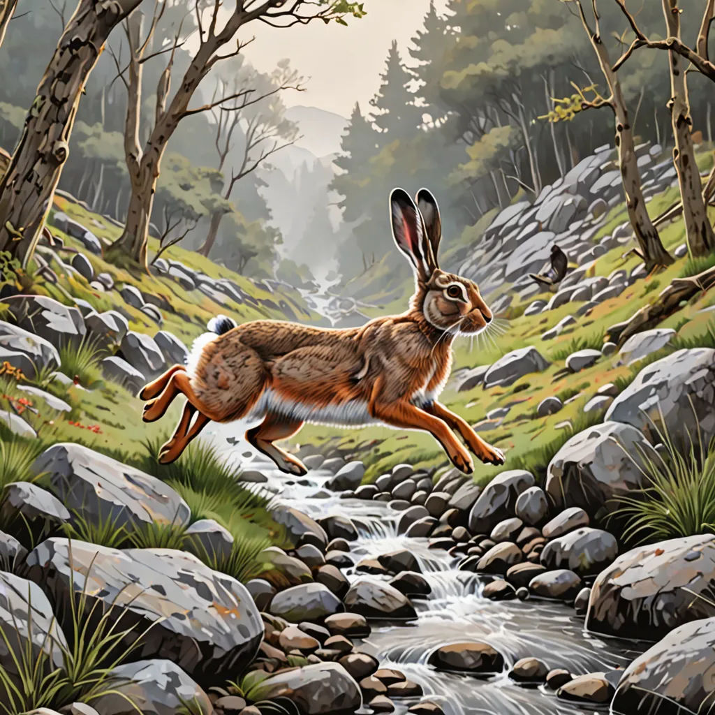 a painting of a rabbit running through a stream of water in a forest with rocks and grass on the ground, fantasy art, an airbrush painting, Dan Mumford, walton ford