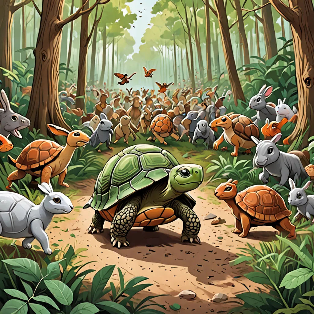 a painting of a turtle and many rabbits in a forest with trees and grass and a forest background with many rabbits, context art, a storybook illustration, Chris LaBrooy, storybook illustration