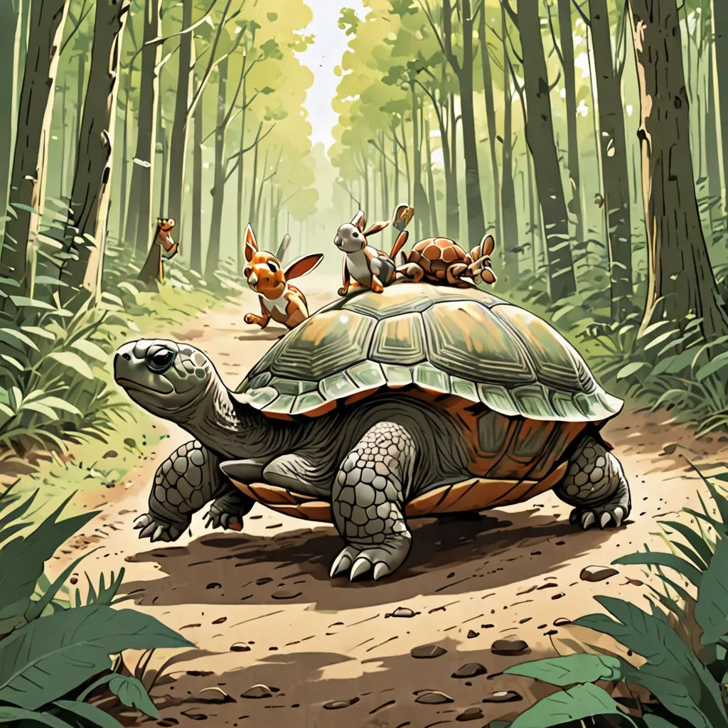 a turtle with a group of animals on top of it's back in the woods, with a forest background, fantasy art, a storybook illustration, Chris LaBrooy, storybook illustration