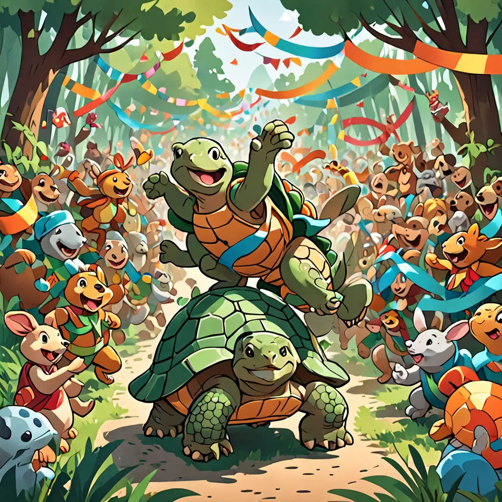 a cartoon of a turtle riding on top of a turtle in a forest with many other animals around it, sots art, a storybook illustration, Chris LaBrooy, official art