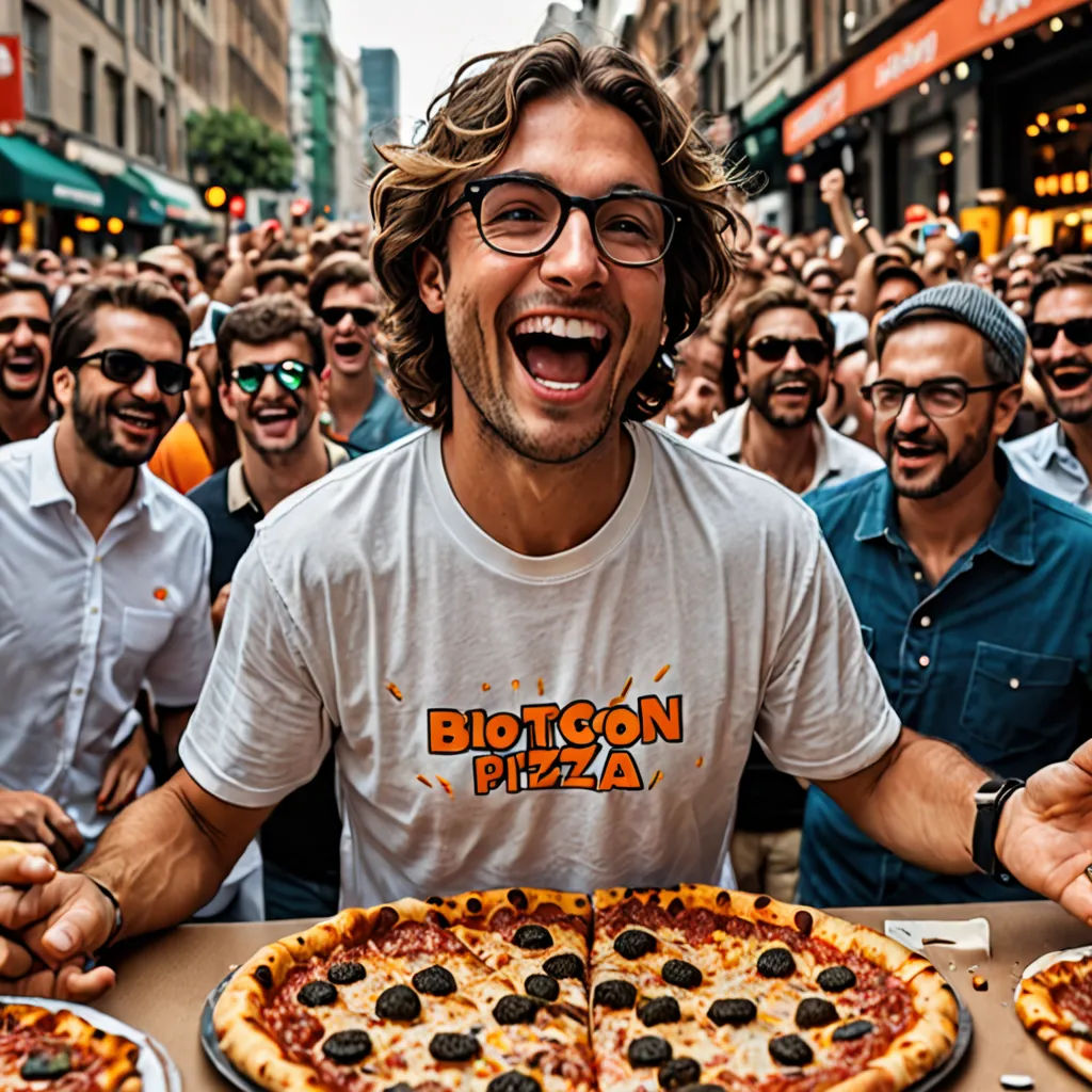 a man is excited about his pizza and other people are in the background watching him eat it and he is excited, kitsch movement, a stock photo, Erwin Bowien, promotional image