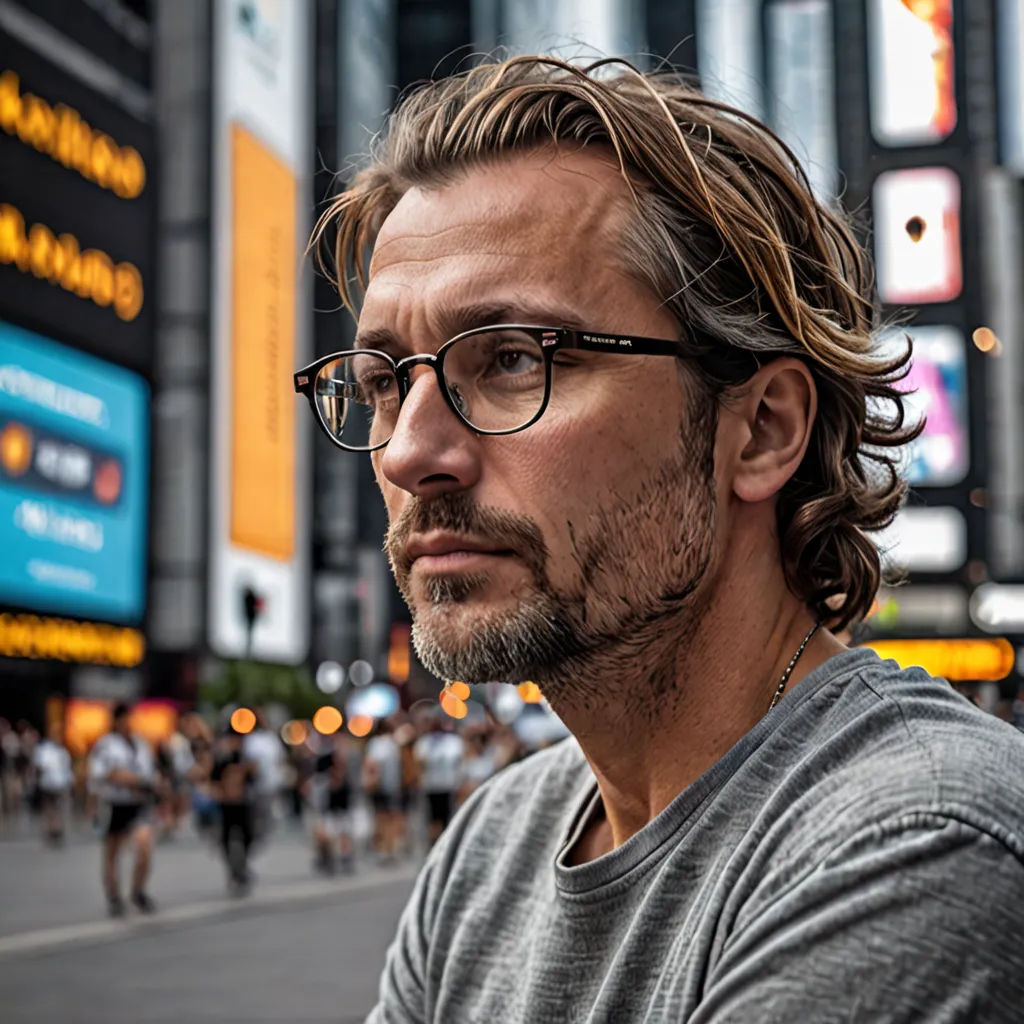 a man with glasses is looking at something in the distance while standing on a street corner in a city, arbeitsrat für kunst, a character portrait, Erwin Bowien, rutkowski