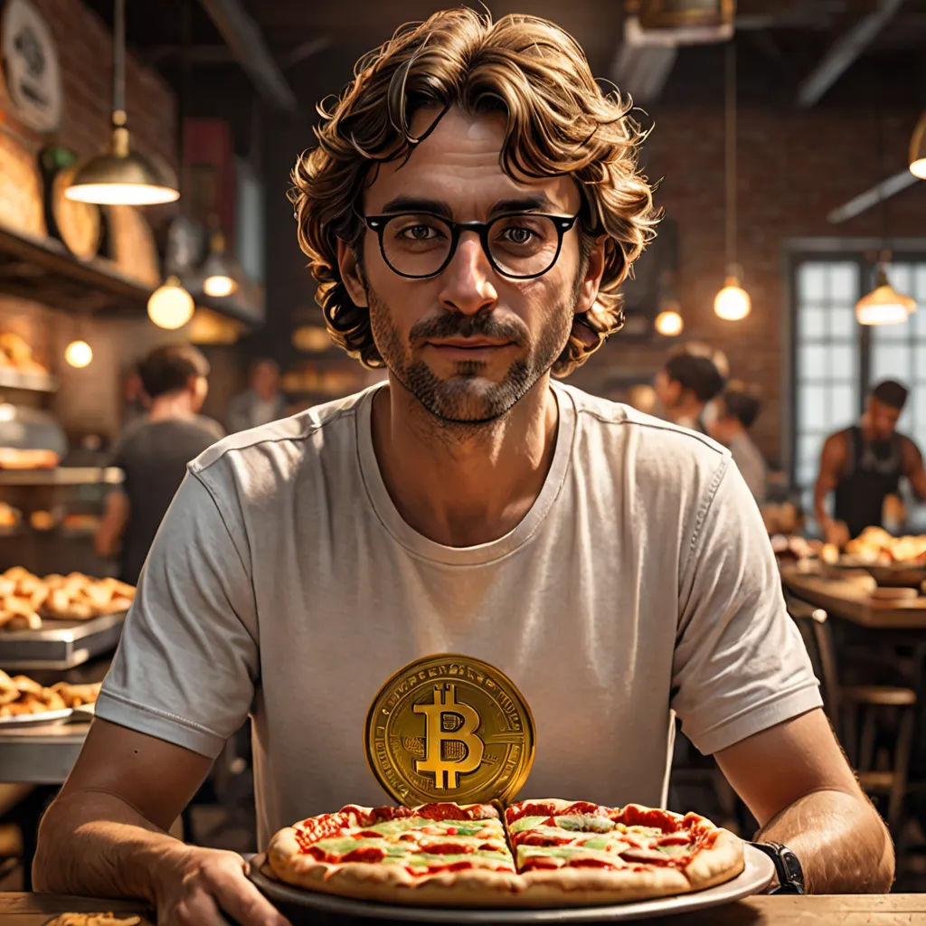 a man holding a plate of pizza with a bitcoin on it in front of him in a restaurant, futurism, a stock photo, Enrico Baj, professional photo