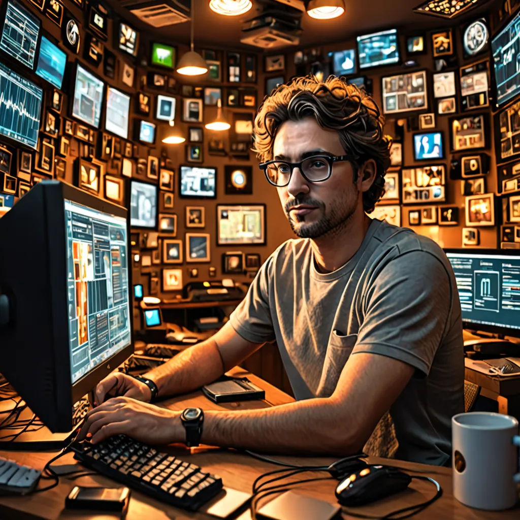 a man sitting at a desk with a computer and a monitor in front of him with many screens on the wall, computer art, computer graphics, Filip Hodas, dan mumford. octane render