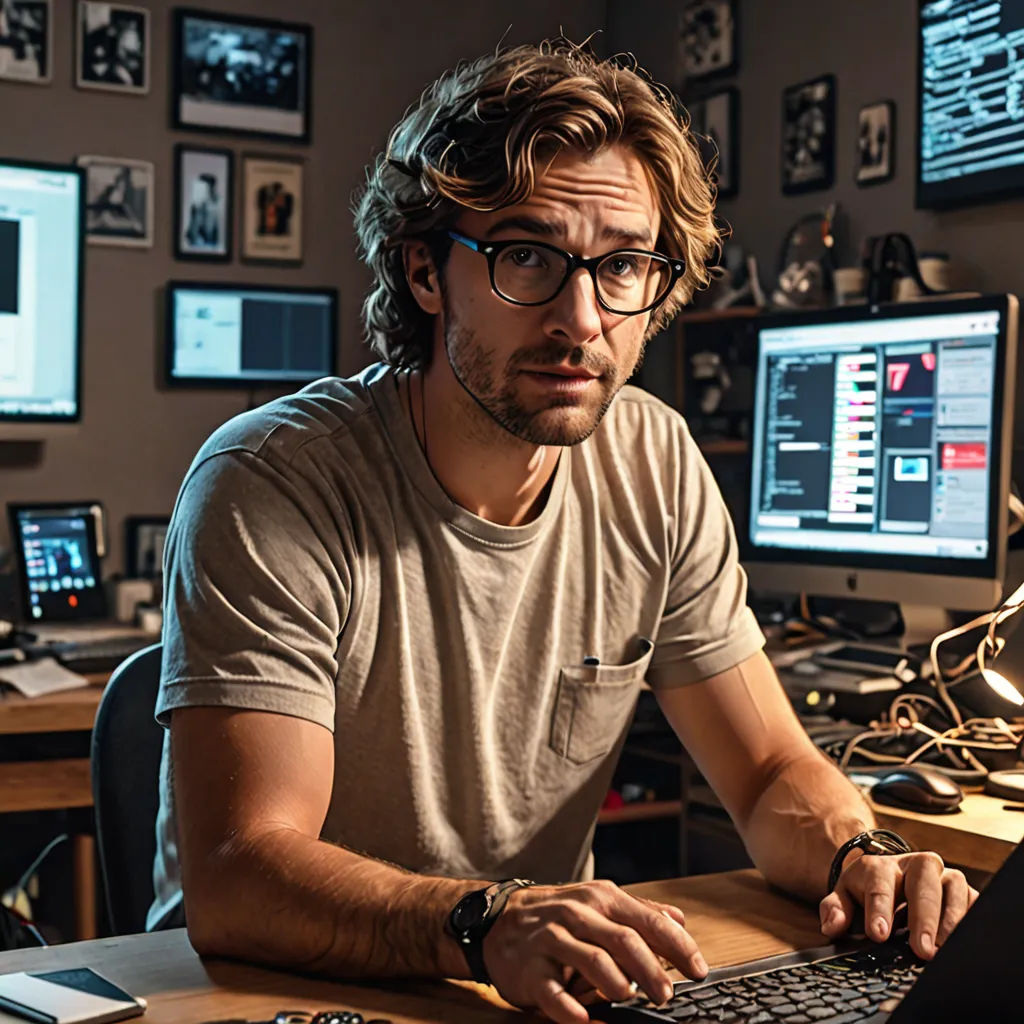 a man sitting at a desk with a laptop and a keyboard in front of him, with multiple monitors behind him, computer art, a stock photo, Adam Pijnacker, dan mumford. octane render