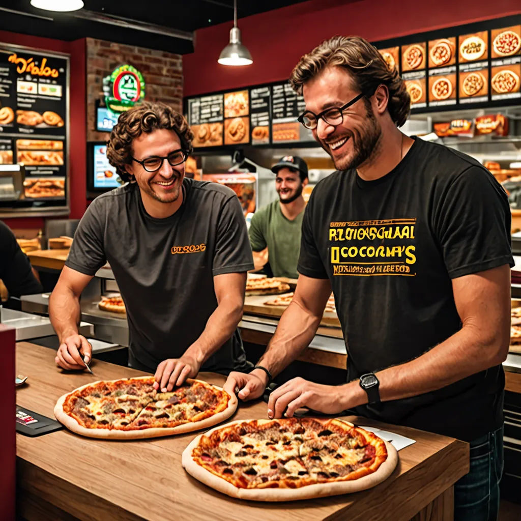 two men are cutting pizzas in a restaurant together, smiling at the camera man is holding a knife, viennese actionism, a stock photo, Avgust Černigoj, promotional image
